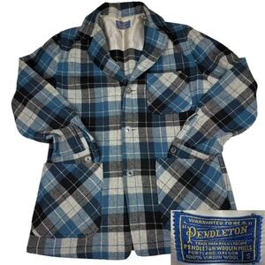 Vintage 1960s Pendleton Wool Plaid Blazer Blue Gray Check Sport Coat Jacket Sz S